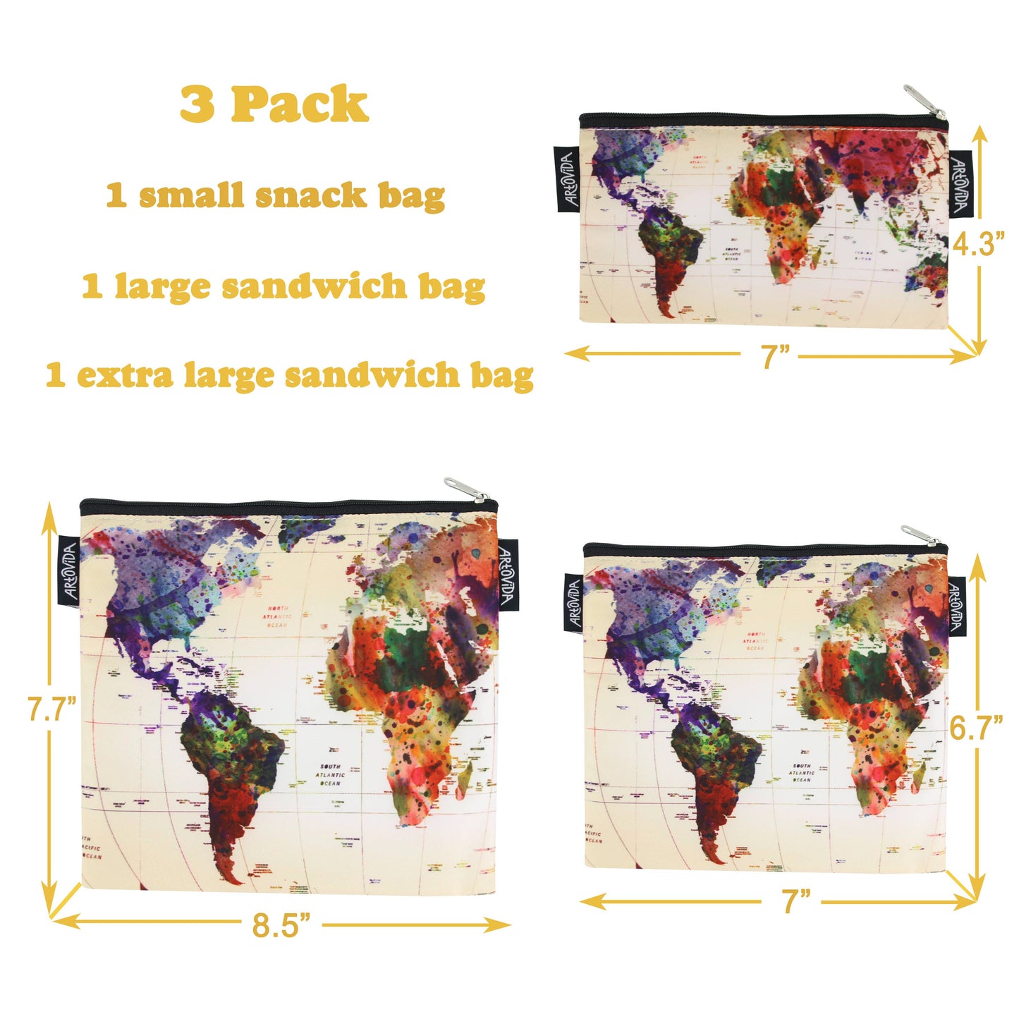 Sandwich Baggie Set - Mark Ashkenazi - World Map (Set of 3)